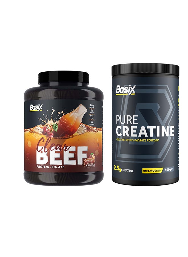 Basix Exclusive Bunde Offer - Beef Protein Isolate Cherry Cola Flavour 4.4lb and Pure Creatine Unflavored 500 Gm - Image 1